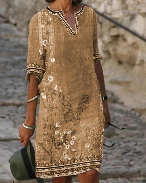 Damen Kleid mit V-Ausschnitt und floralem Ornamentmuster