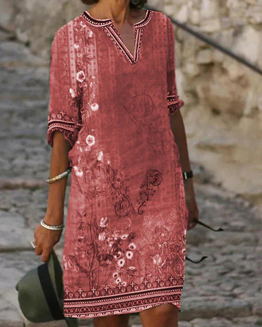 Damen Kleid mit V-Ausschnitt und floralem Ornamentmuster