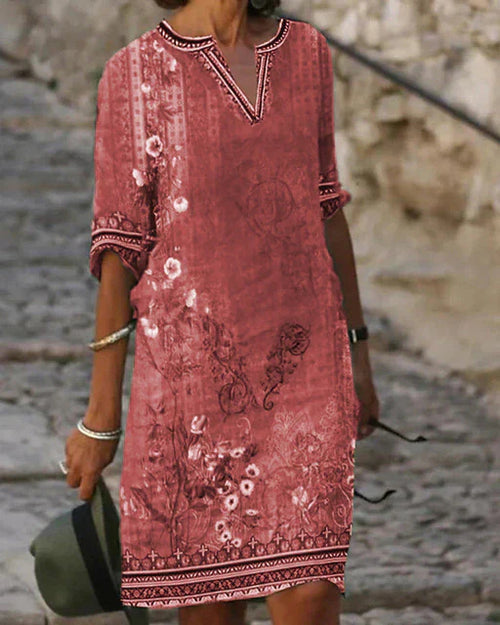 Damen Kleid mit V-Ausschnitt und floralem Ornamentmuster