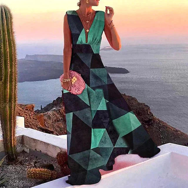 Damen Maxikleid mit V-Ausschnitt und großflächigem Musterprint