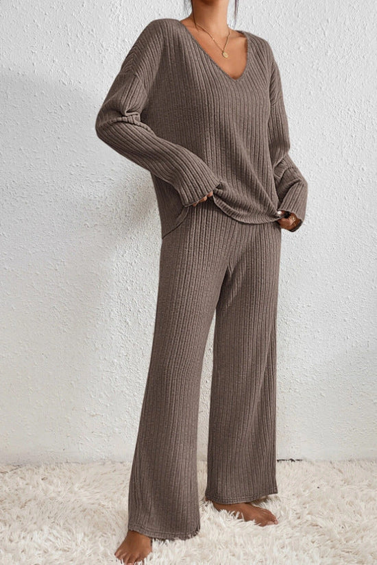 Damen Rippstrick Zwei-Teilen Loungewear Set in Hellbraun