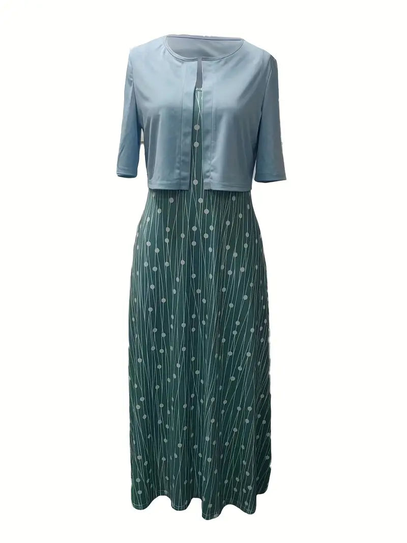 Lolas-Mode – elegantes zweiteiliges blumenkleid-set mit einfarbigem crop-top und kleid mit rundhalsausschnitt