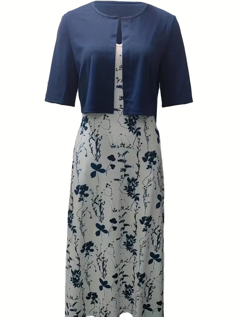 Lolas-Mode – elegantes zweiteiliges blumenkleid-set mit einfarbigem crop-top und kleid mit rundhalsausschnitt