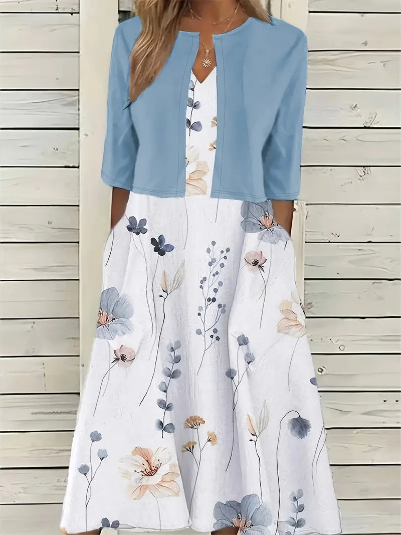 Lolas-Mode – elegantes zweiteiliges blumenkleid-set mit einfarbigem crop-top und kleid mit rundhalsausschnitt