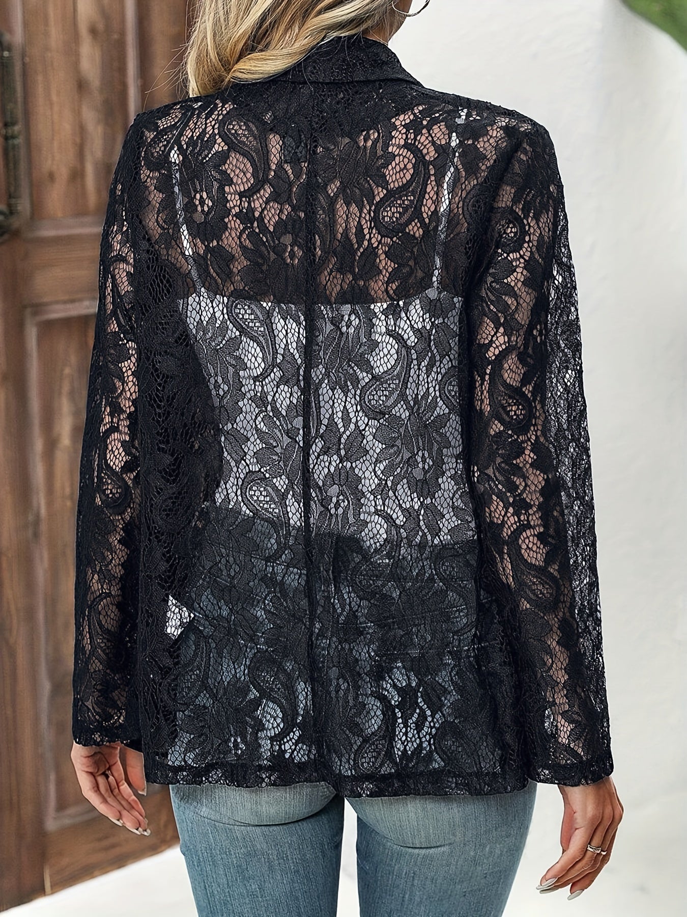 Offener Vorderer Floralspitzen Revers Blazer in Schwarz