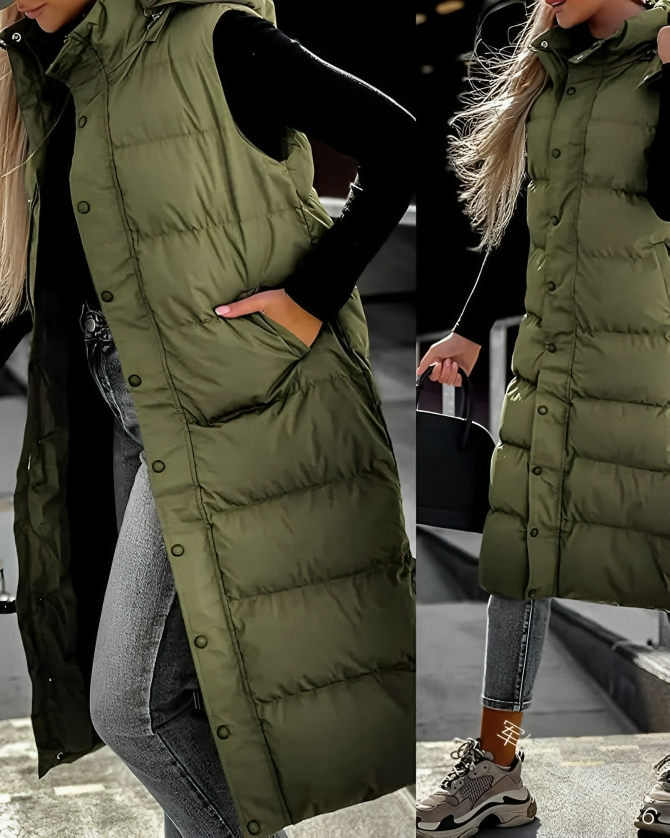 Ärmelloser langer Steppmantel für Frauen passend für Outdoor-Aktivitäten in Schwarz
