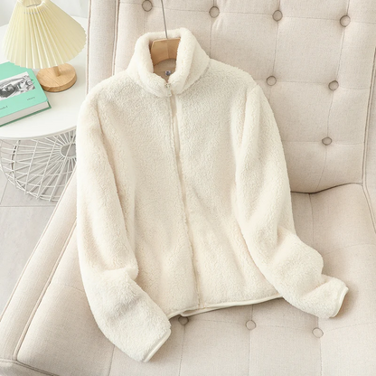 Weiche Damen Teddyjacke mit Reißverschluss und hohem Kragen in Beige