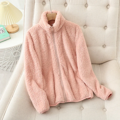 Weiche Damen Teddyjacke mit Reißverschluss und hohem Kragen in Beige