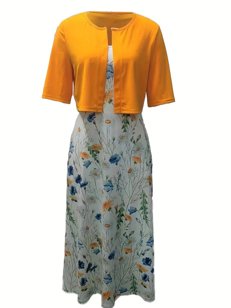 Lolas-Mode – elegantes zweiteiliges blumenkleid-set mit einfarbigem crop-top und kleid mit rundhalsausschnitt