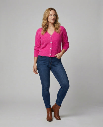 Strickjacke Damen kuschelig mit V-Ausschnitt und Knopfdetails in Dunkelgrau