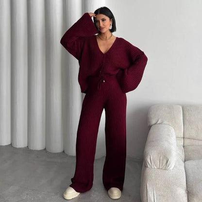 Loungewear Set Gestrickte Rippstruktur Übergröße Passform Weite Ärmel in Helles-Grau