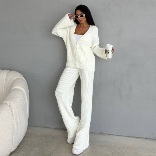 Loungewear Set Gestrickte Rippstruktur Übergröße Passform Weite Ärmel in Grau