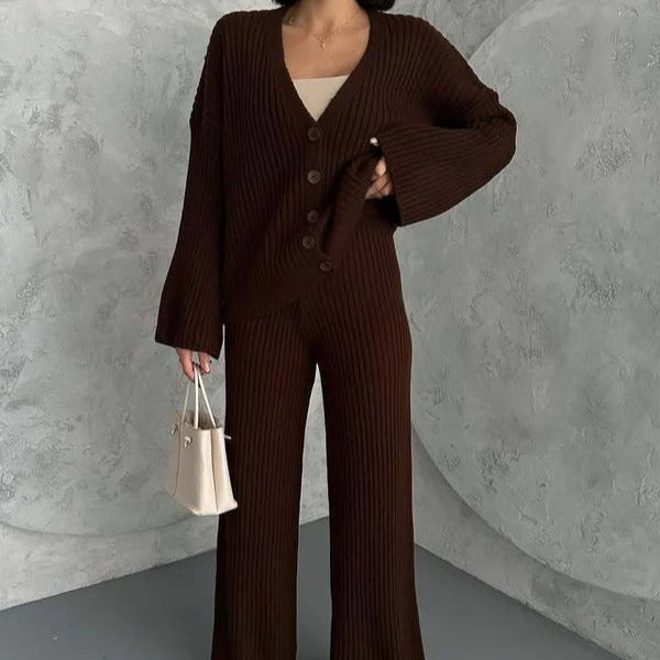 Loungewear Set Gestrickte Rippstruktur Übergröße Passform Weite Ärmel in Helles-Grau