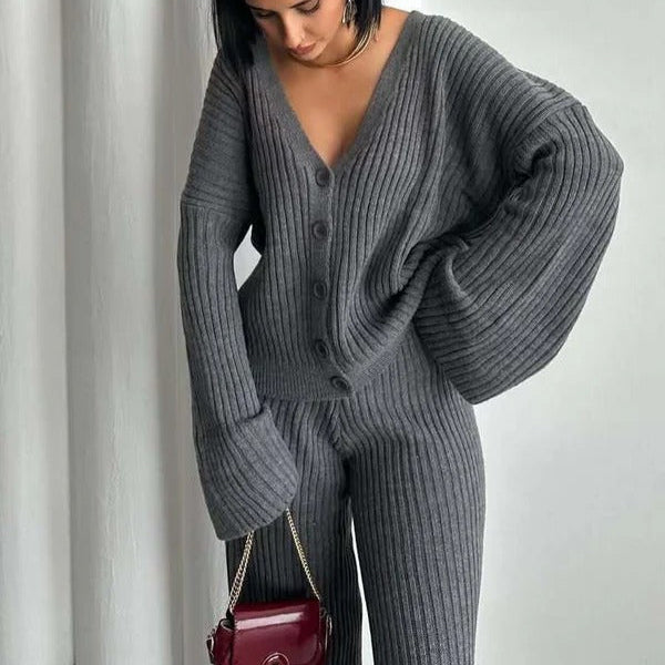 Loungewear Set Gestrickte Rippstruktur Übergröße Passform Weite Ärmel in Grau