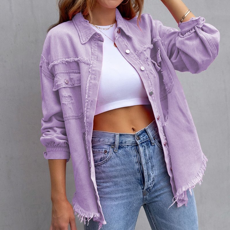 Lässige Damen Denimjacke mit langen Ärmeln in Rosa