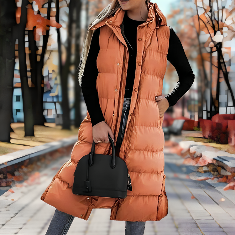 Ärmelloser langer Steppmantel für Frauen passend für Outdoor-Aktivitäten in Schwarz