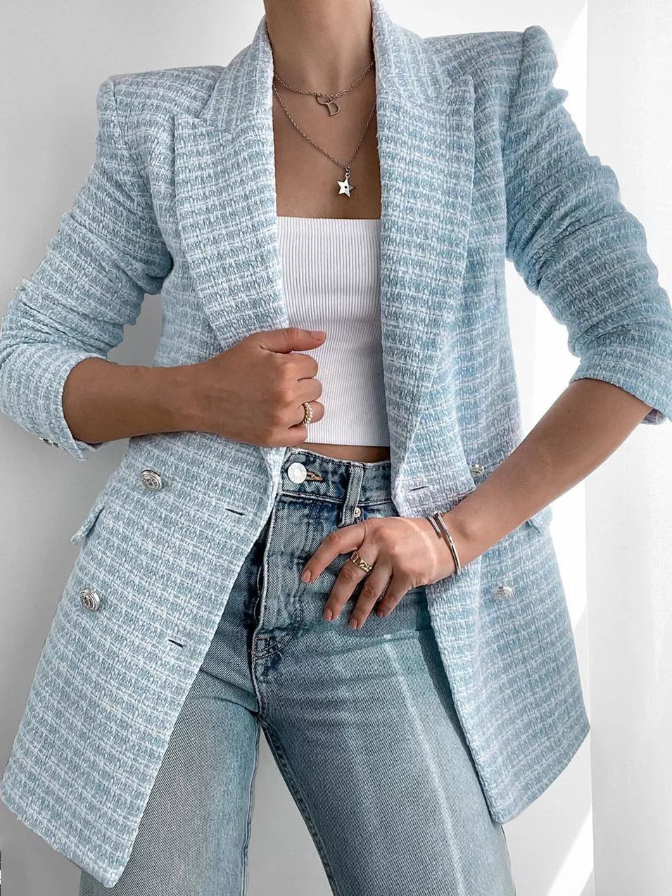 Hellblauer Damen Blazer mit Knöpfen in Hellblau