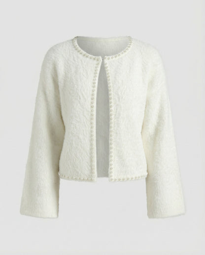 Strickjacke Damen flauschig mit Perlenverzierung in Violett
