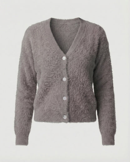 Strickjacke Damen kuschelig mit V-Ausschnitt und Knopfdetails in Schwarz