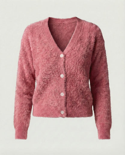 Strickjacke Damen kuschelig mit V-Ausschnitt und Knopfdetails in Rosa