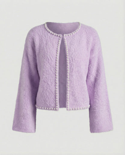 Strickjacke Damen flauschig mit Perlenverzierung in Violett