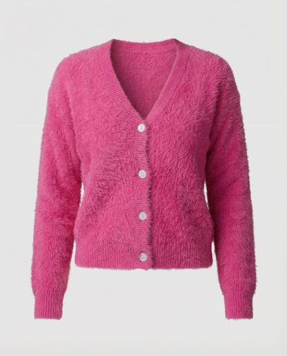 Strickjacke Damen kuschelig mit V-Ausschnitt und Knopfdetails in Violett