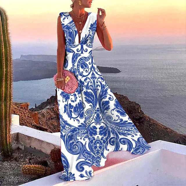 Damen Maxikleid mit V-Ausschnitt und großflächigem Musterprint